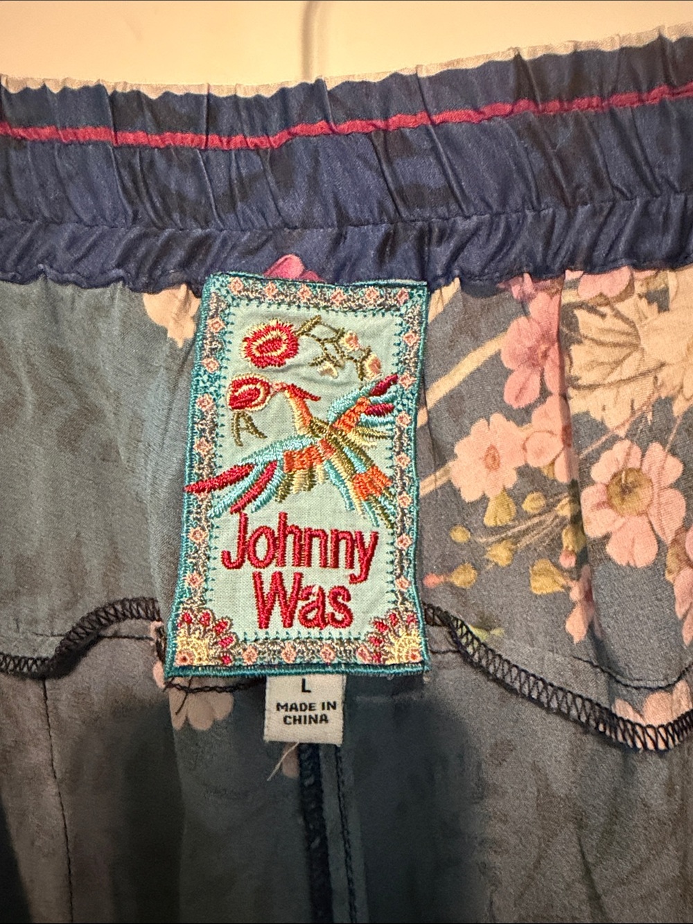Johnny Was Silk Blend Bohemian Athleisure Navy Floral Elastic Waist Pants Size L - Picture 2 of 11